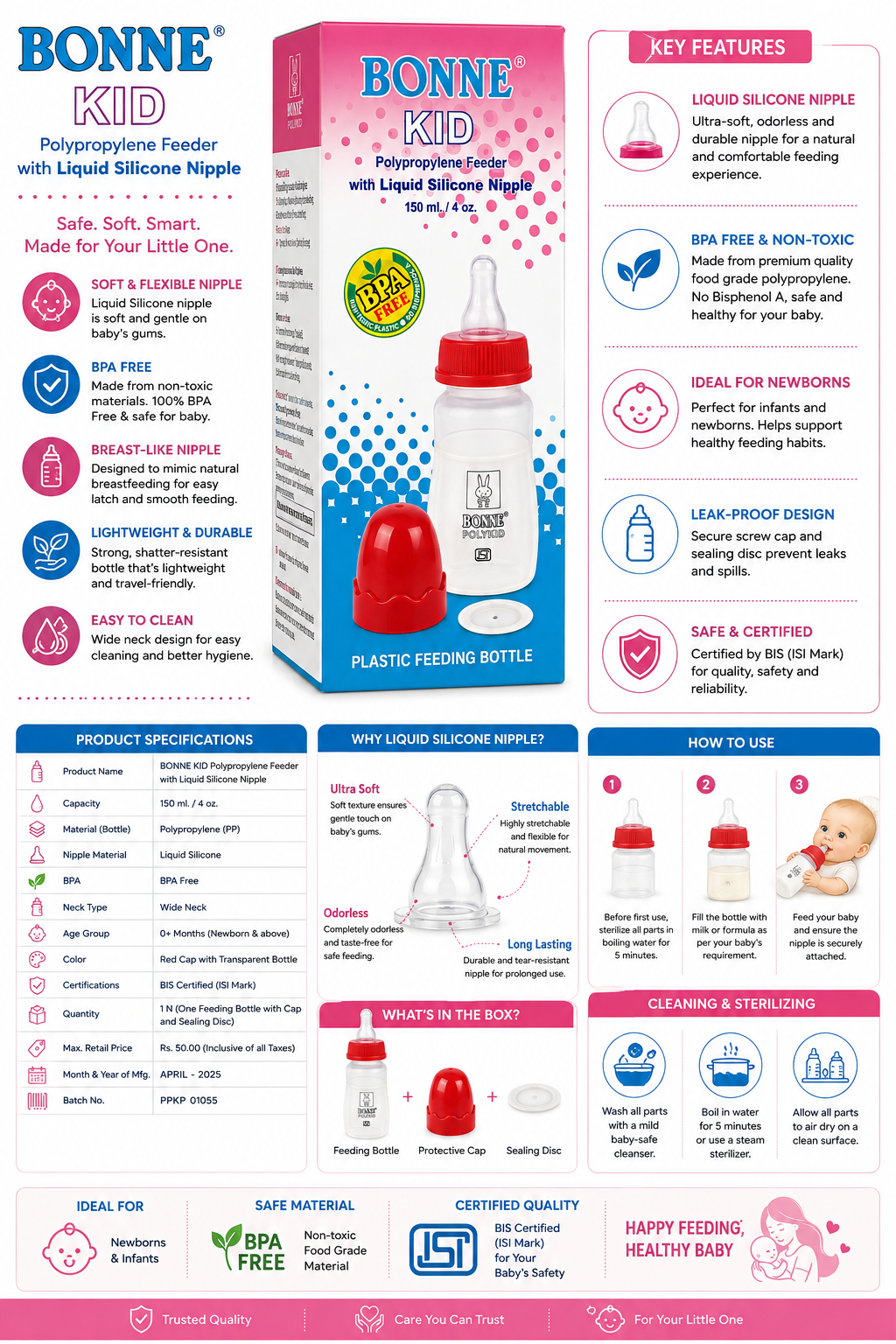 BONNE KID Polypropylene Feeding Bottle with Liquid Silicone Nipple, BPA Free & Non-Toxic Baby Feeder, Wide Neck, Lightweight & Durable, 150 ml / 4 oz, Newborn & Infant