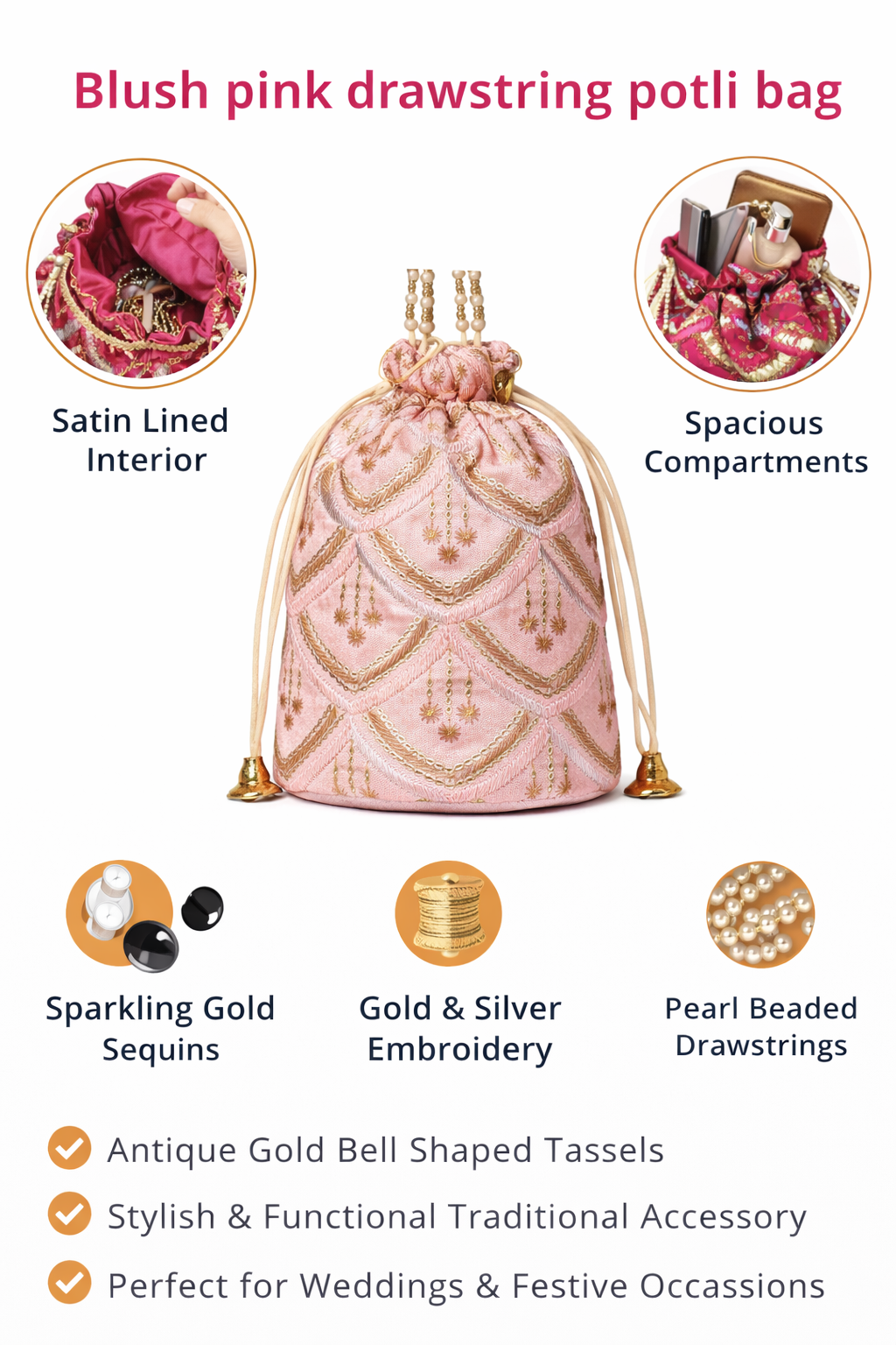Blush Pink Potli Bag for Women, Embroidered Drawstring Clutch with Pearl Beads, Gold and Silver Sequin Work