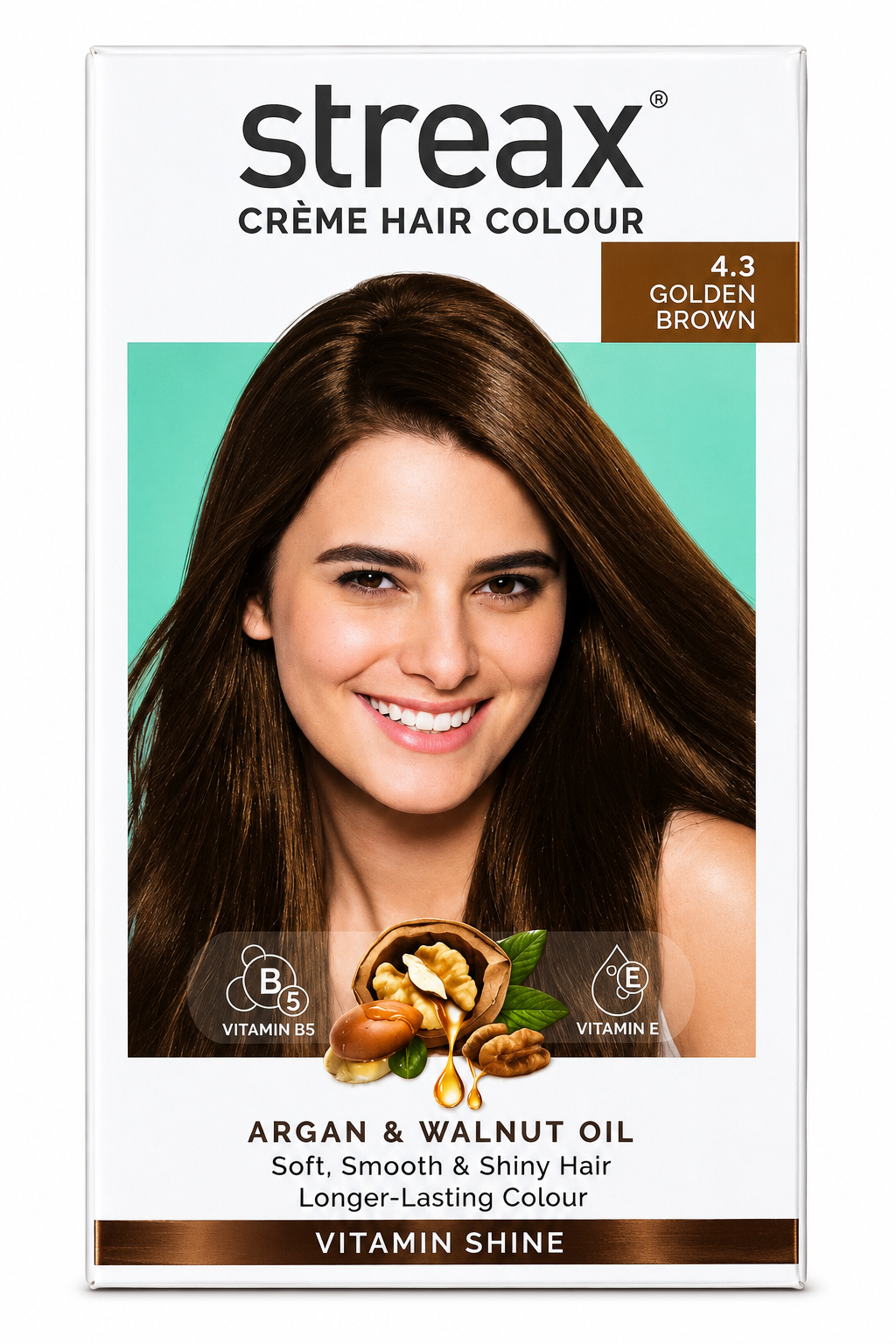 Streax Crème Hair Colour 4.3 Golden Brown | Permanent Hair Color with Argan & Walnut Oil, Vitamin B5 & E | Grey Coverage | Complete Hair Colour Kit