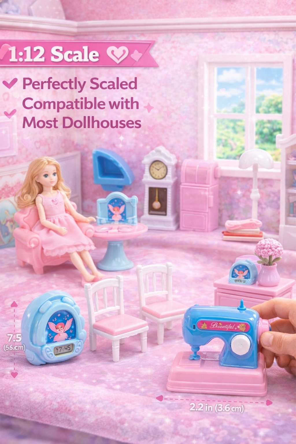 Mini Dollhouse Furniture Set for Kids (3+ Years) – 8 Pieces 1:12 Scale Miniature Furniture, Cute Dollhouse Accessories Set for Girls