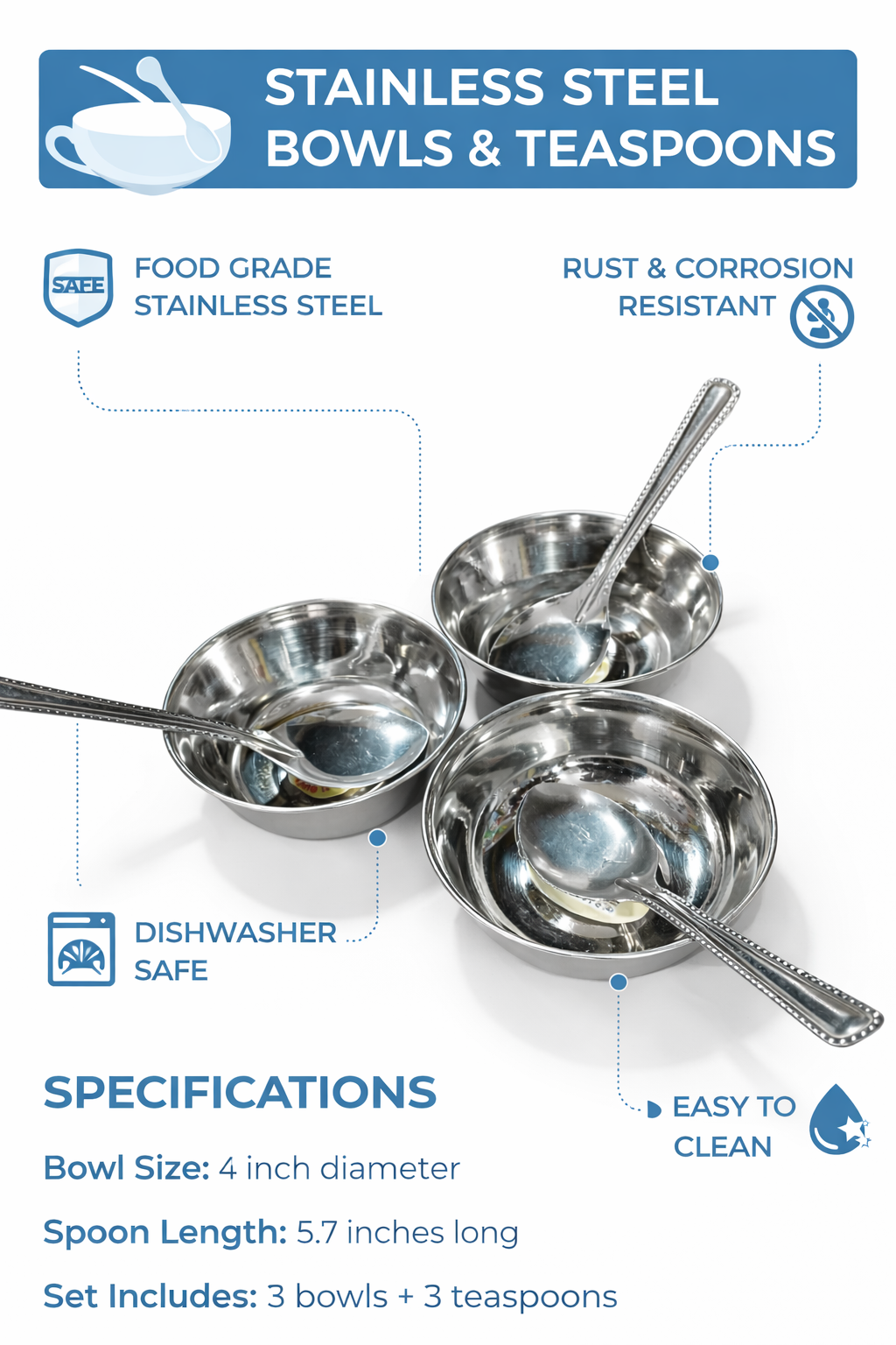 Stainless Steel Bowl Set with Teaspoons (Set of 6) | Food Grade Steel Katori Set | Rust Resistant | Dishwasher Safe | Kitchen Serving Bowls