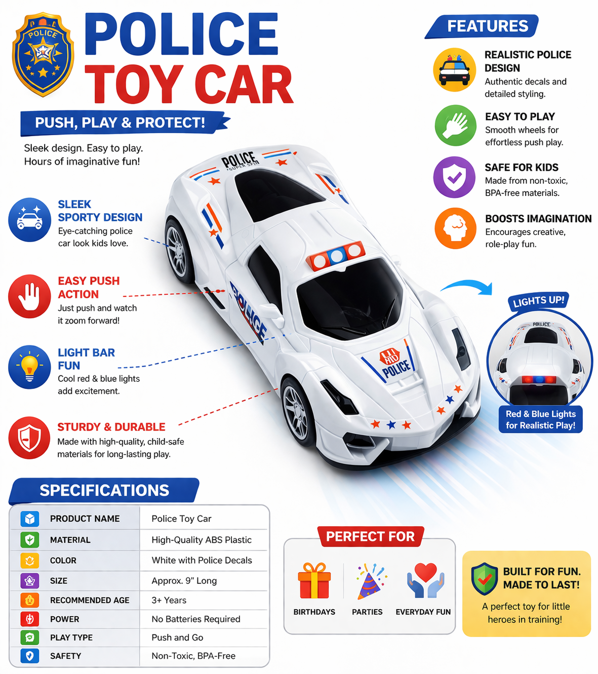 Police Toy Car for Kids, Push and Go Friction Powered Car with Lights, Realistic Police Design Toy Vehicle, Durable ABS Plastic Car for Boys & Girls (3+ Years)
