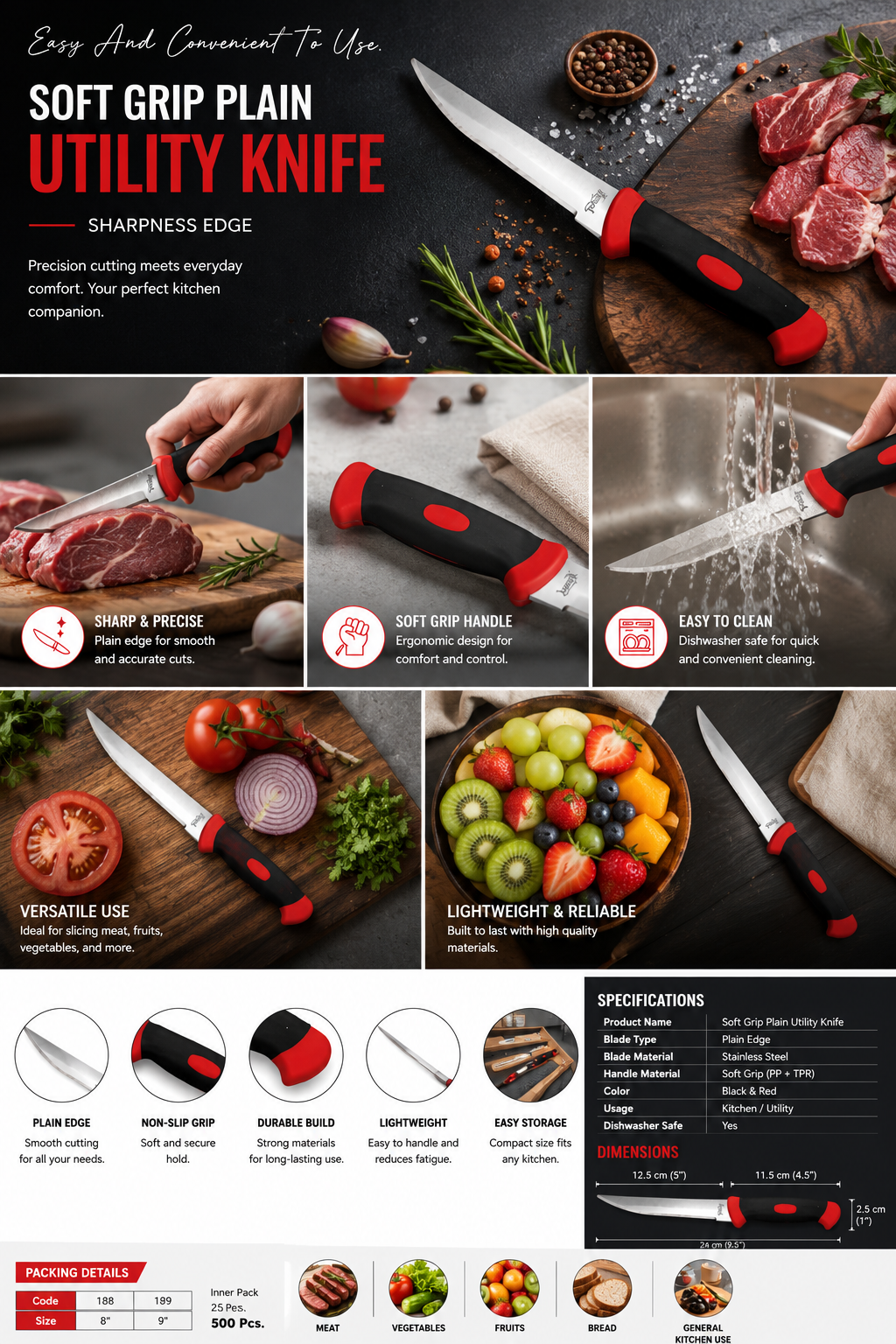 Royal Soft Grip Plain Utility Knife 8 Inch / 9 Inch | Stainless Steel Kitchen Knife with Ergonomic Non-Slip Handle | Sharp Plain Edge Utility Knife for Meat, Vegetables, Fruits & Everyday Kitchen Use