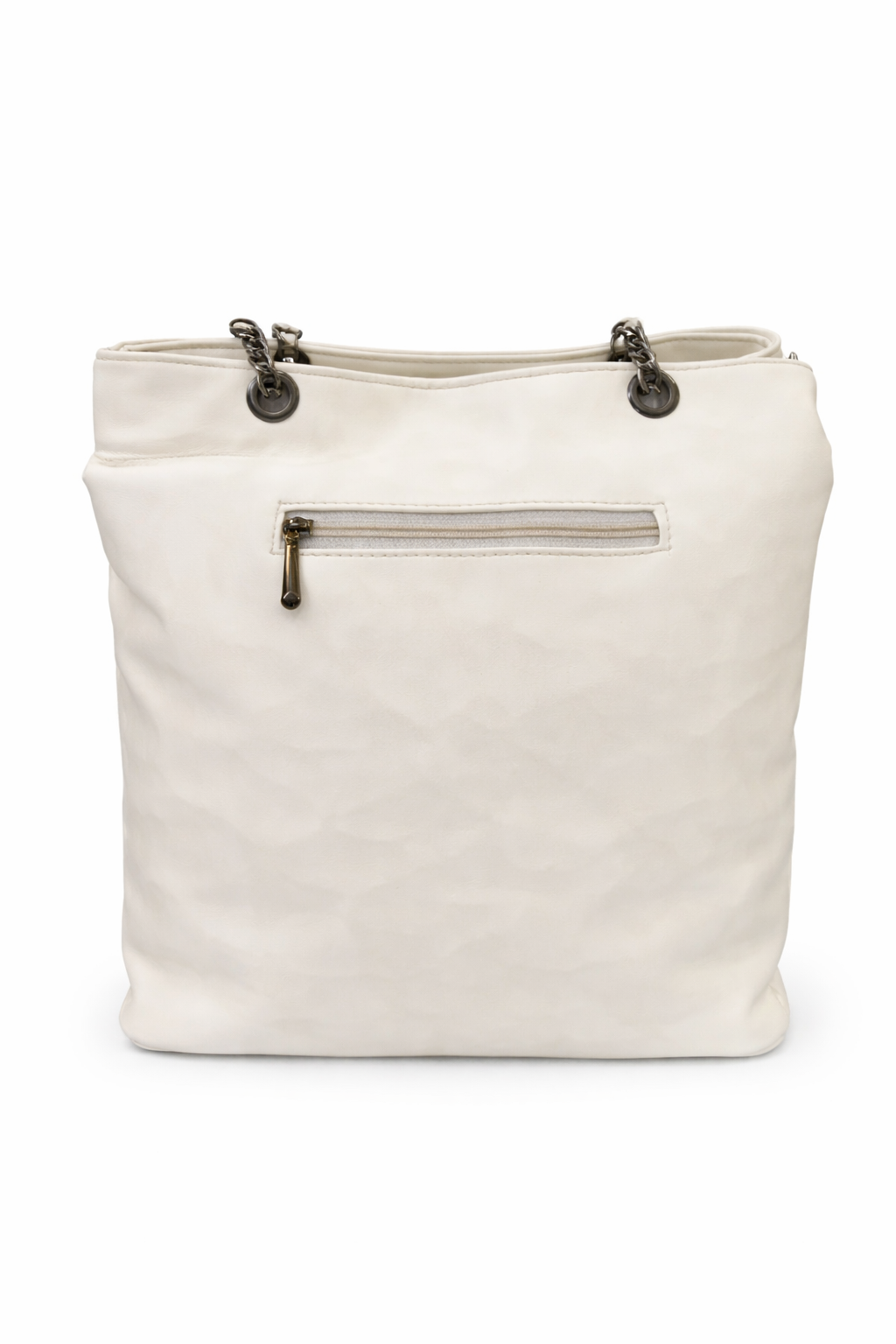 White Luxury Tote Bag for Women, Faux Leather Shoulder Handbag with Chain Handles, Inner Zip Pocket, Rear Zip Pocket