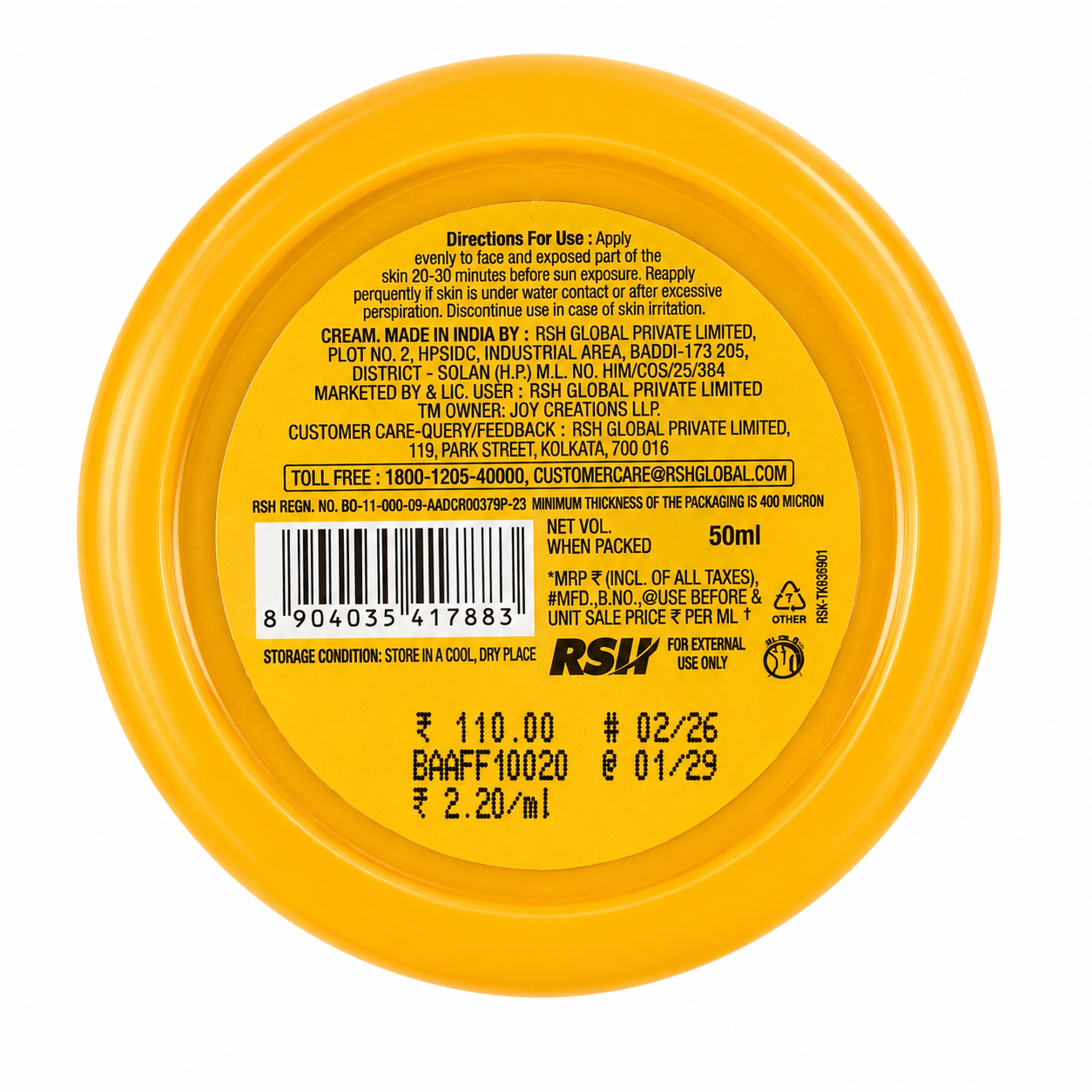 Joy Hello Sun Sunblock & Anti-Tan Cream SPF 20 PA++ with Raspberry Seed Oil | UVA & UVB Protection | Lightweight Non-Greasy Formula | Daily Sun Protection Cream | All Skin Types | 50 ml