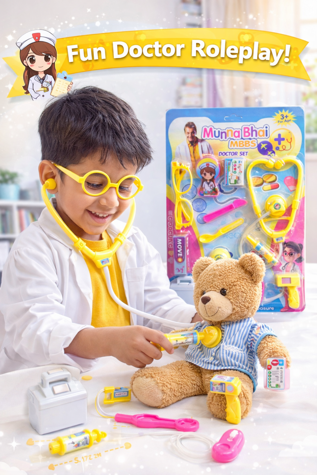Munna Bhai MBBS Doctor Set for Kids (3+ Years) – 11 Pieces Medical Kit Toy with Stethoscope, Pretend Play Doctor Kit for Boys & Girls
