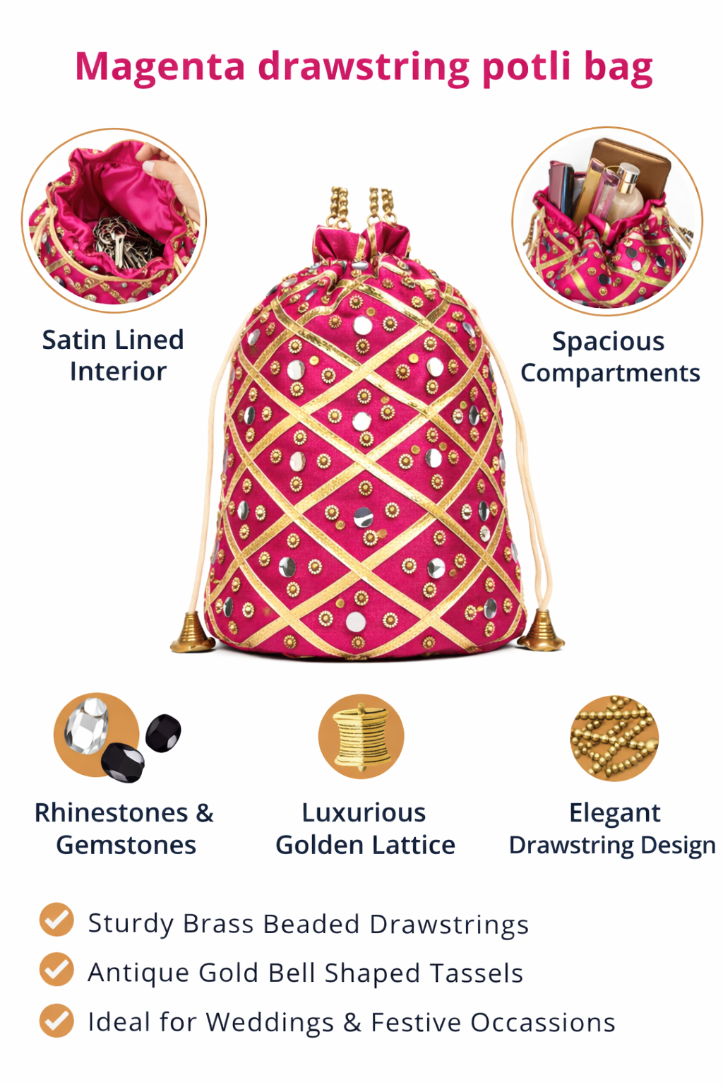 Magenta Potli Bag for Women, Embroidered Drawstring Clutch with Rhinestones, Golden Lattice Design,