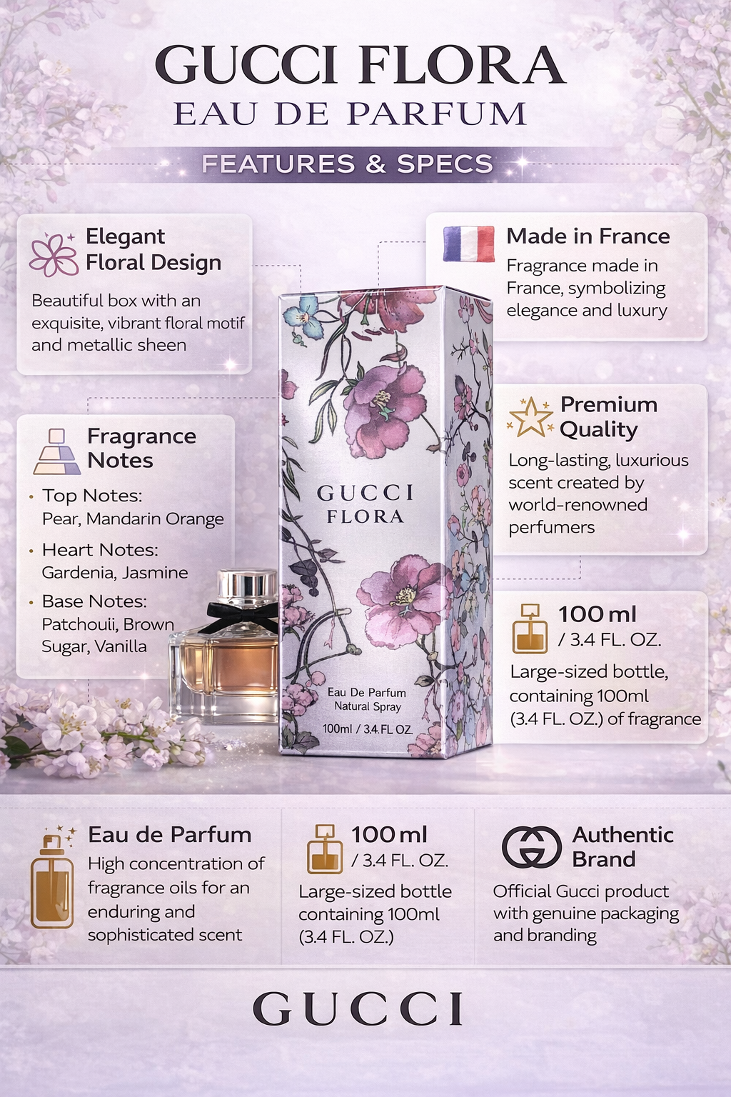 Gucci Flora Eau de Parfum 100ml for Women – Long Lasting Floral Fruity Perfume with Pear, Jasmine & Vanilla – Premium Luxury Fragrance for Her