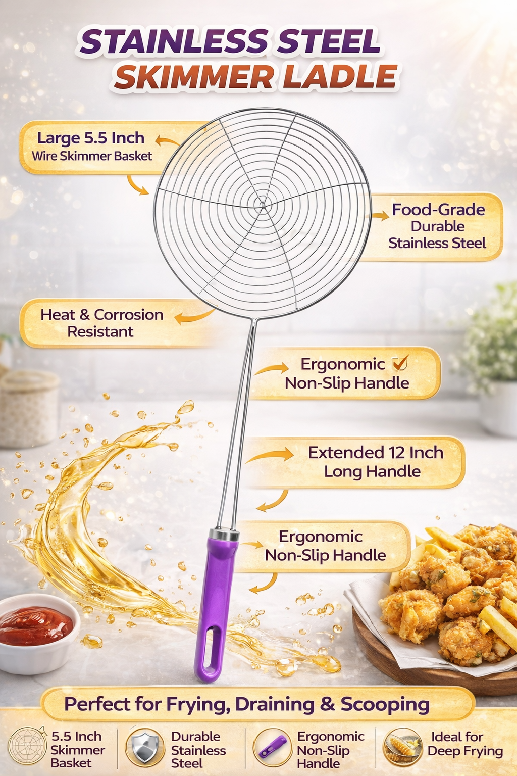 Stainless Steel Skimmer Ladle 12 Inch – Deep Fry Strainer Spoon with 5.5 Inch Wire Basket, Heat Resistant, Non-Slip Handle, Kitchen Tool for Frying & Draining