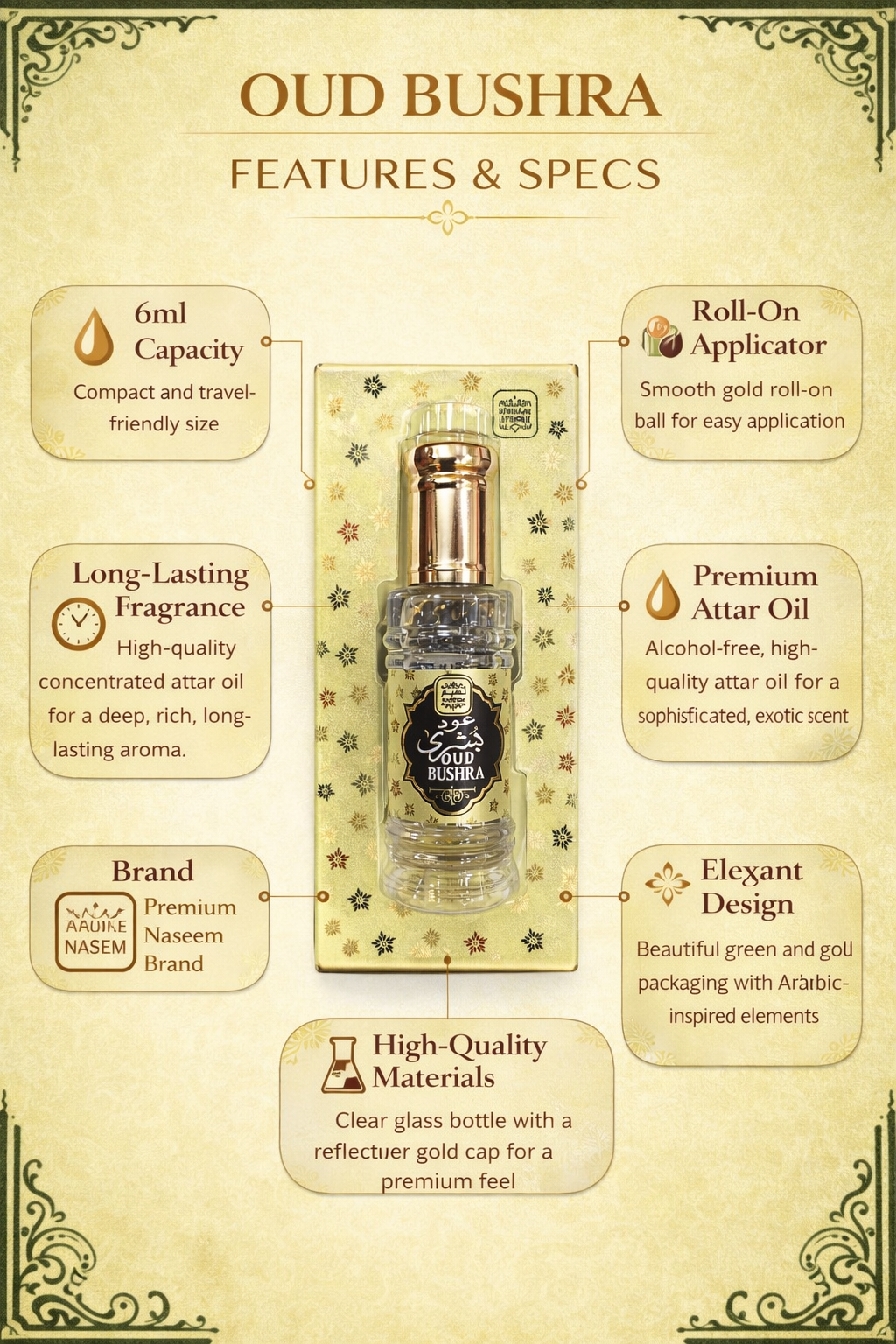 Oud Bushra Attar Roll On Perfume Oil 6ml – Alcohol-Free Long Lasting Oud Fragrance for Men & Women