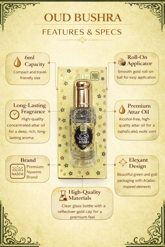 Oud Bushra Attar Roll On Perfume Oil 6ml – Alcohol-Free Long Lasting Oud Fragrance for Men & Women