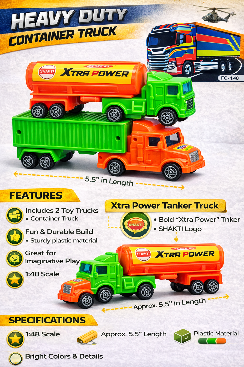 Heavy Duty Toy Truck Set (Pack of 2) – 1:48 Scale Container Truck & Xtra Power Oil Tanker – 5.5 Inch Durable Plastic Construction Vehicles with Vibrant Colors – Fun Play Set for Kids & Toddlers