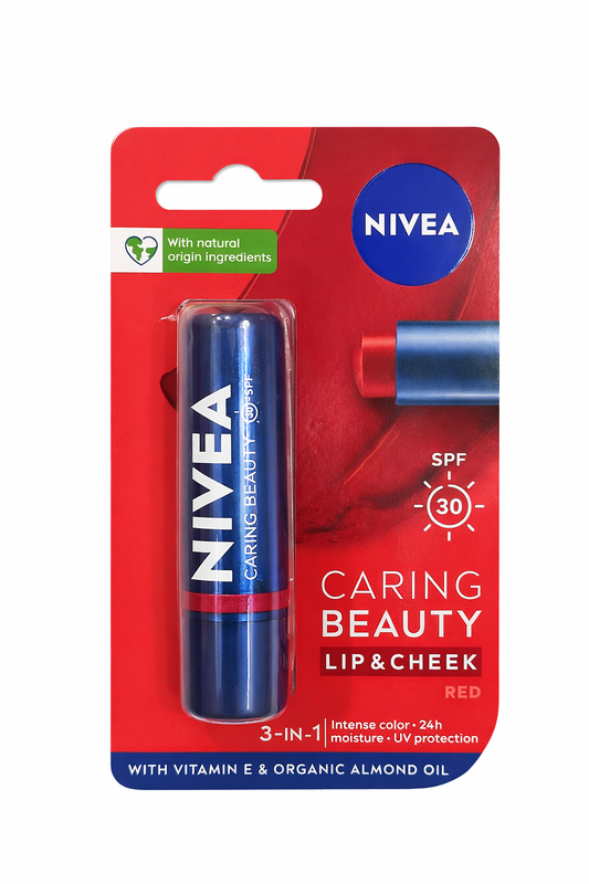 NIVEA Caring Beauty Lip & Cheek Balm SPF 30 – 3-in-1 Color Balm for Lips & Cheeks | 24H Moisture with Vitamin E & Almond Oil | Hydrating Tinted Lip Balm