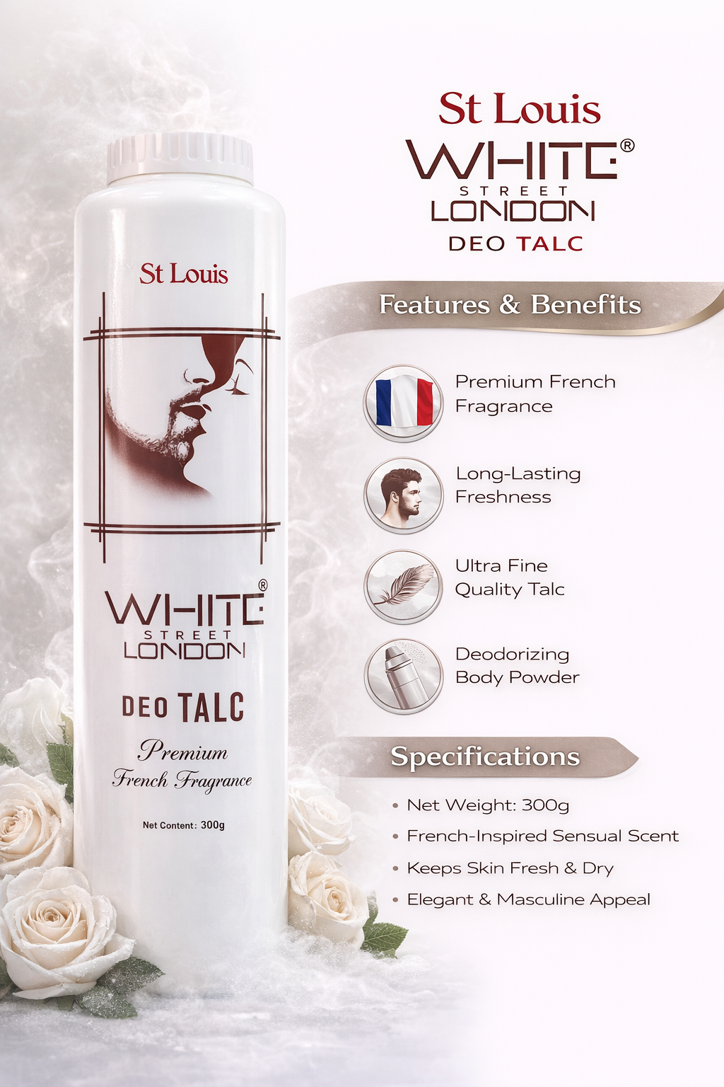 St Louis White Street London Deo Talc for Men 300g | Long Lasting Deodorizing Talcum Powder | Premium French Fragrance | Keeps Skin Fresh & Dry