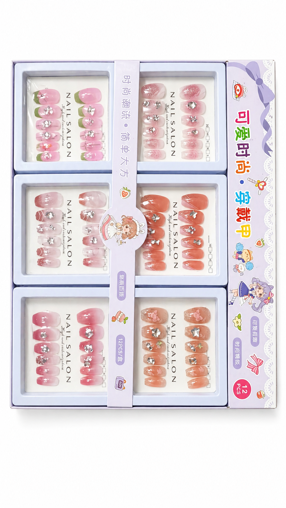 12PCS Press-On Nails Set for Girls & Women - 6 Unique Cute Designs with Rhinestones, Glitter, and Gems