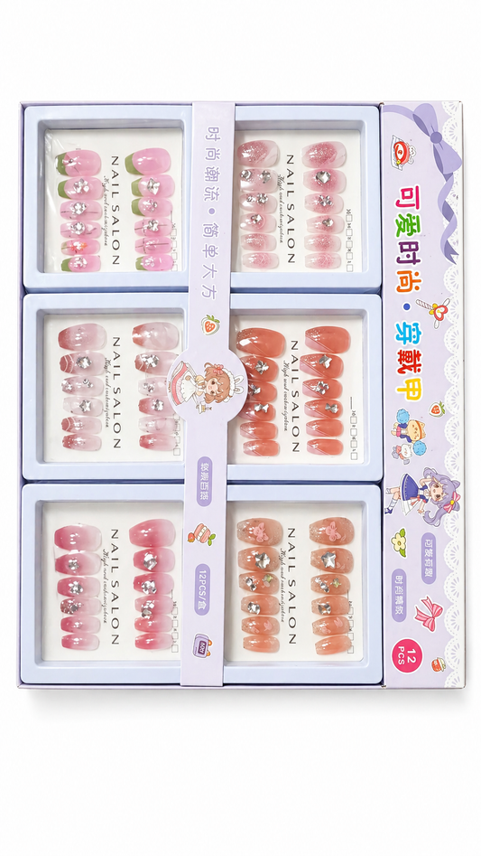 12PCS Press-On Nails Set for Girls & Women - 6 Unique Cute Designs with Rhinestones, Glitter, and Gems