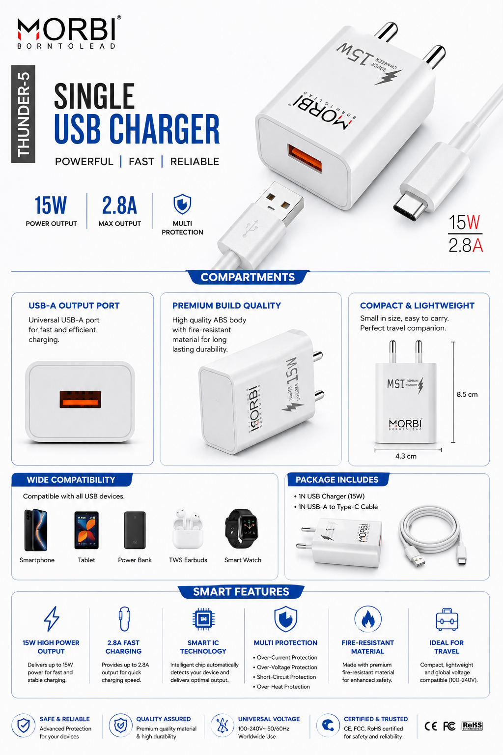MORBI Thunder-6 15W Single USB Charger with Cable, Fast Charging USB-A Wall Charger Adapter, 2.1A Output, Smart IC, Multi Protection, Compact Travel Charger for Smartphones, Tablets, Power Banks & USB Devices