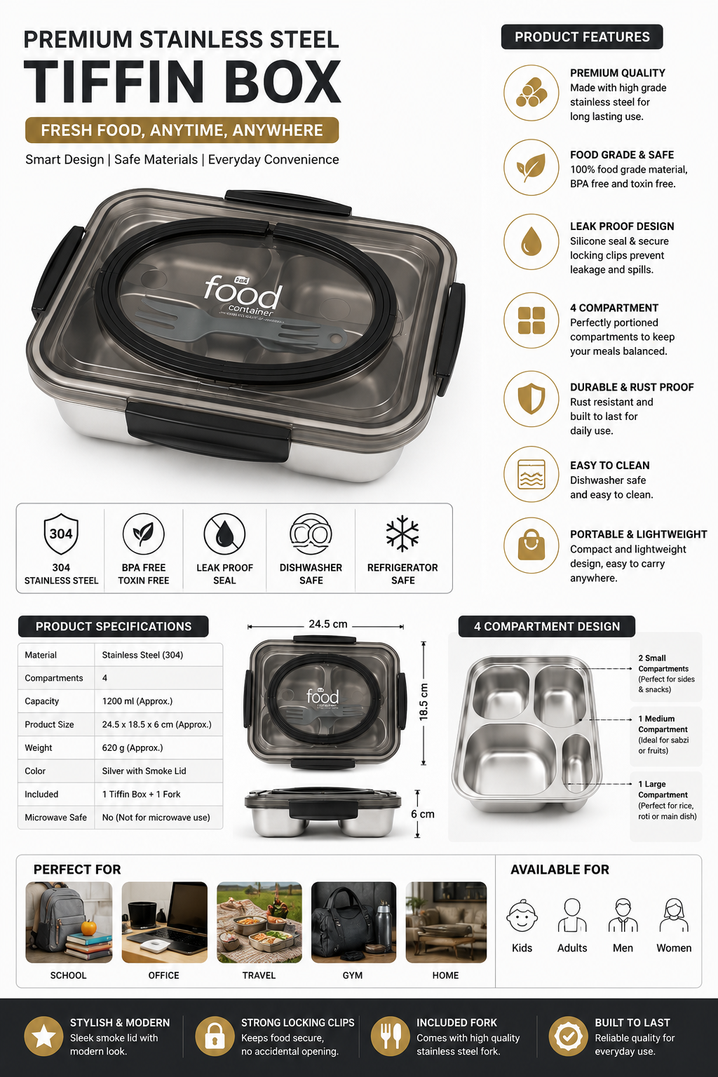304 Stainless Steel Lunch Box with 4 Compartments, 1200ml Leakproof Tiffin Box, BPA-Free Food Grade Bento Lunch Container with Fork, Dishwasher & Refrigerator Safe for Office, School & Travel