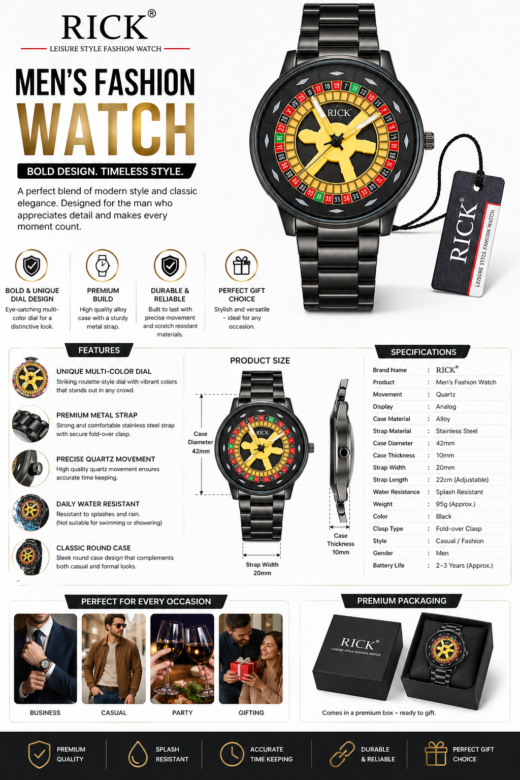 RICK Men’s Fashion Analog Watch with Unique Roulette Multi-Color Dial | Stainless Steel Strap | Quartz Movement