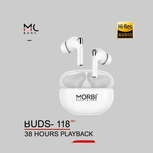 MORBI BUDS-118 NEO True Wireless Earbuds, 38 Hours Playback, Bluetooth 5.3, Hi-Res Audio, Built-in Mic, Touch Control, Auto Pairing, Type-C Fast Charging, Lightweight & Comfortable, White