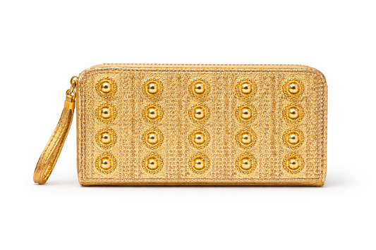 Women's Gold Zip Around Wallet with Rhinestone Studs, Wrist Strap and Multiple Compartments