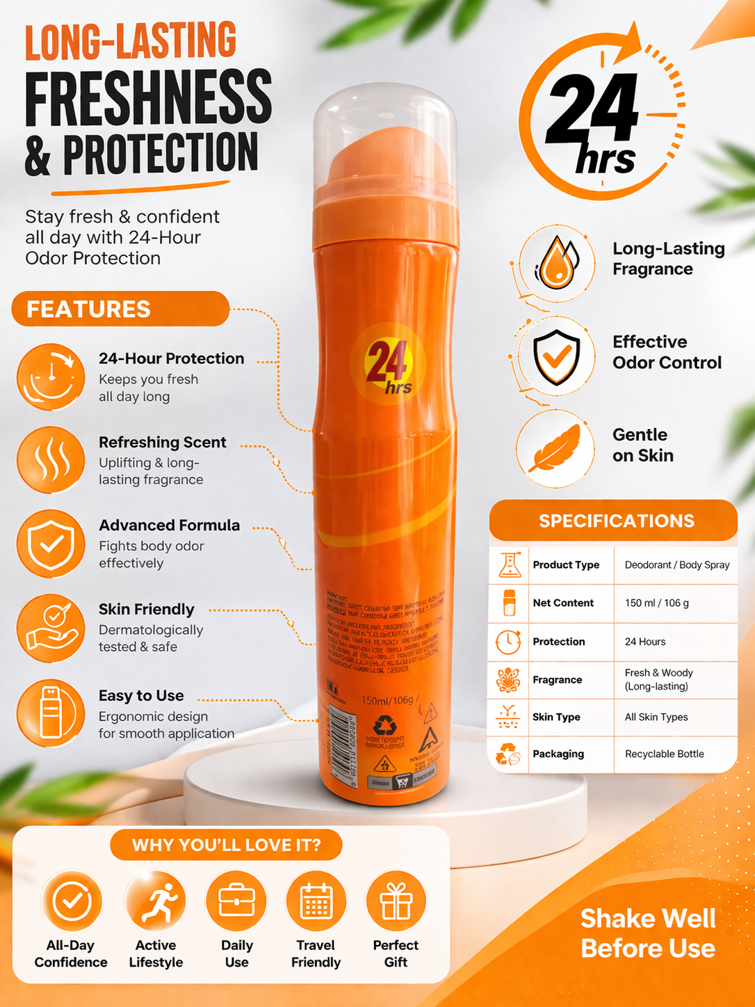 24-Hour Long Lasting Deodorant Body Spray for Men & Women, 150ml | Fresh & Woody Fragrance