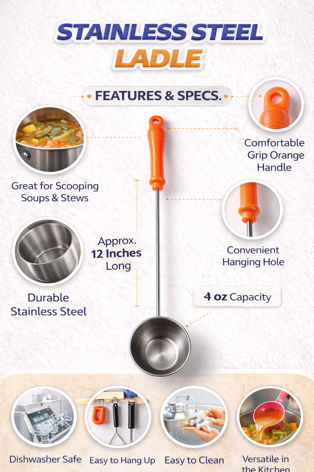 Multipurpose Plastic Ladle Spoon with Long Handle | Kitchen Soup Serving Spoon, Measuring Scoop for Flour, Rice, Milk & Curry