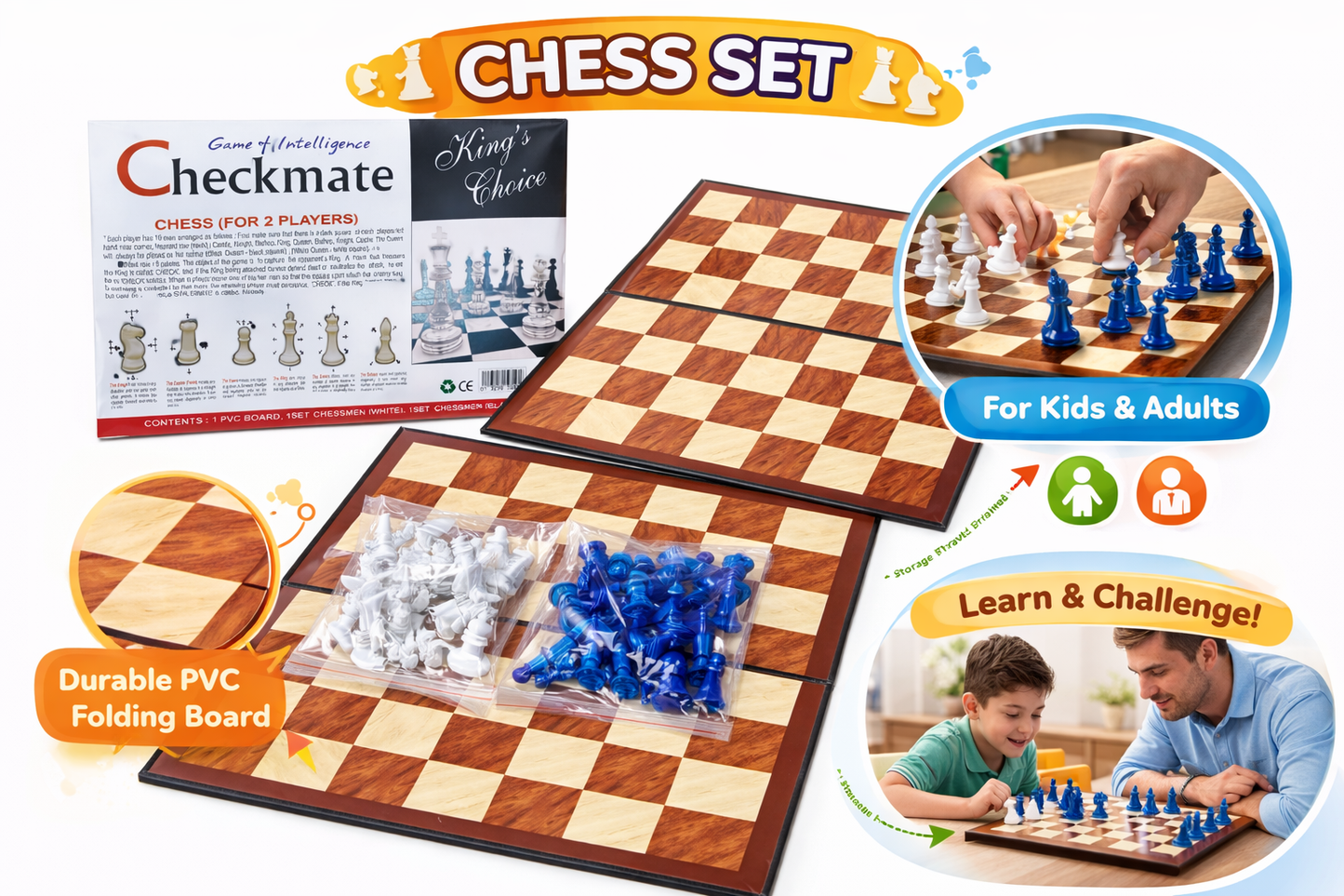 Chess Set for Kids & Adults with Folding PVC Board, Portable Travel Chess Game, Complete 32 Pieces