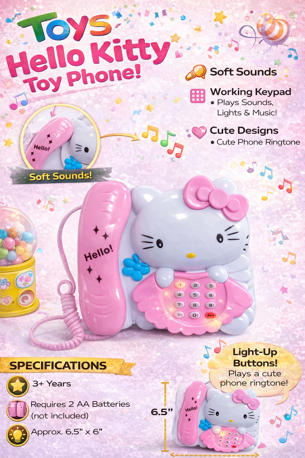 Hello Kitty Toy Phone for Kids, Musical Pretend Play Telephone with Light-Up Buttons, Soft Sounds & Cute Ringtones, Battery Operated Toy Phone for Girls & Boys (3+ Years)