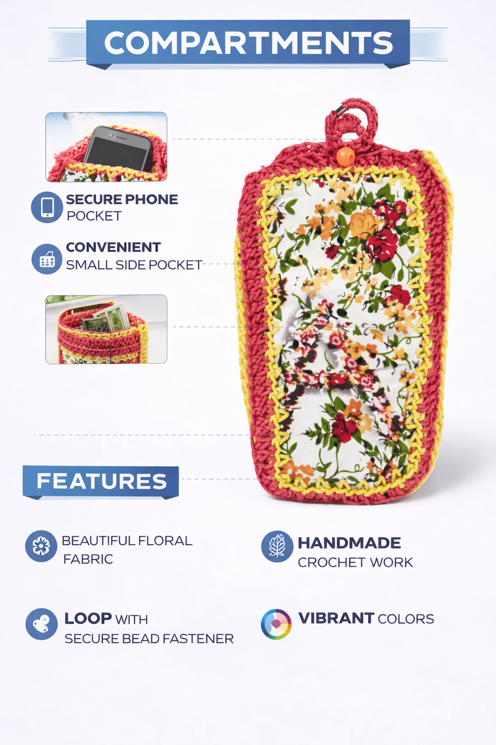 Handmade Crochet Phone Pouch for Women, Floral Fabric Mobile Cover with Side Pocket, Bead Closure and Colorful Yarn Design, Multicolor
