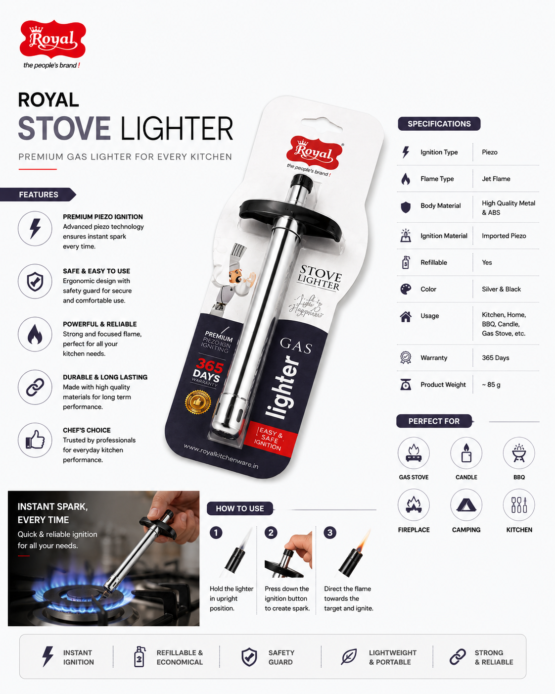 Royal Stove Lighter - Premium Gas Lighter for Kitchen with Jet Flame | Refillable Piezo Ignition Electronic Gas Stove Lighter for Kitchen, BBQ, Camping