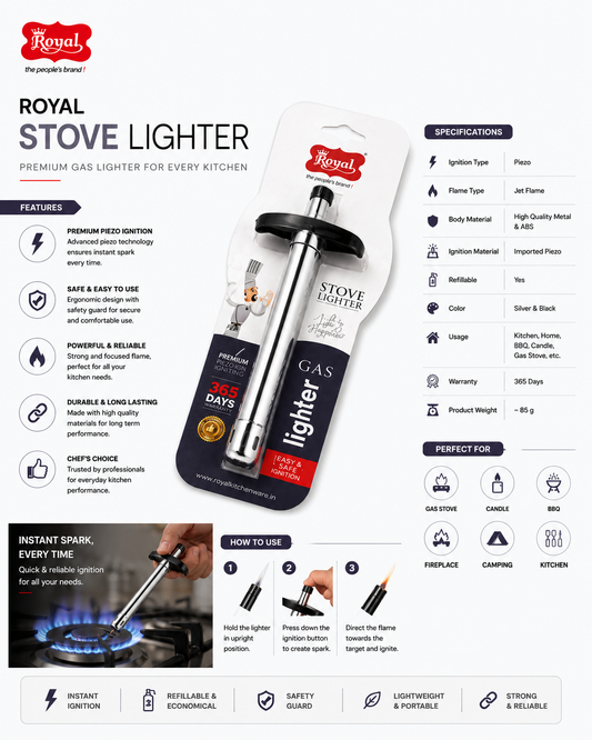 Royal Stove Lighter - Premium Gas Lighter for Kitchen with Jet Flame | Refillable Piezo Ignition Electronic Gas Stove Lighter for Kitchen, BBQ, Camping