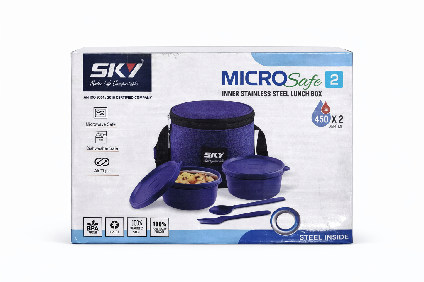 SKY MicroSafe 2 Stainless Steel Lunch Box Set (450ml x 2) | Microwave Safe Leak-Proof Tiffin Box with Carry Bag