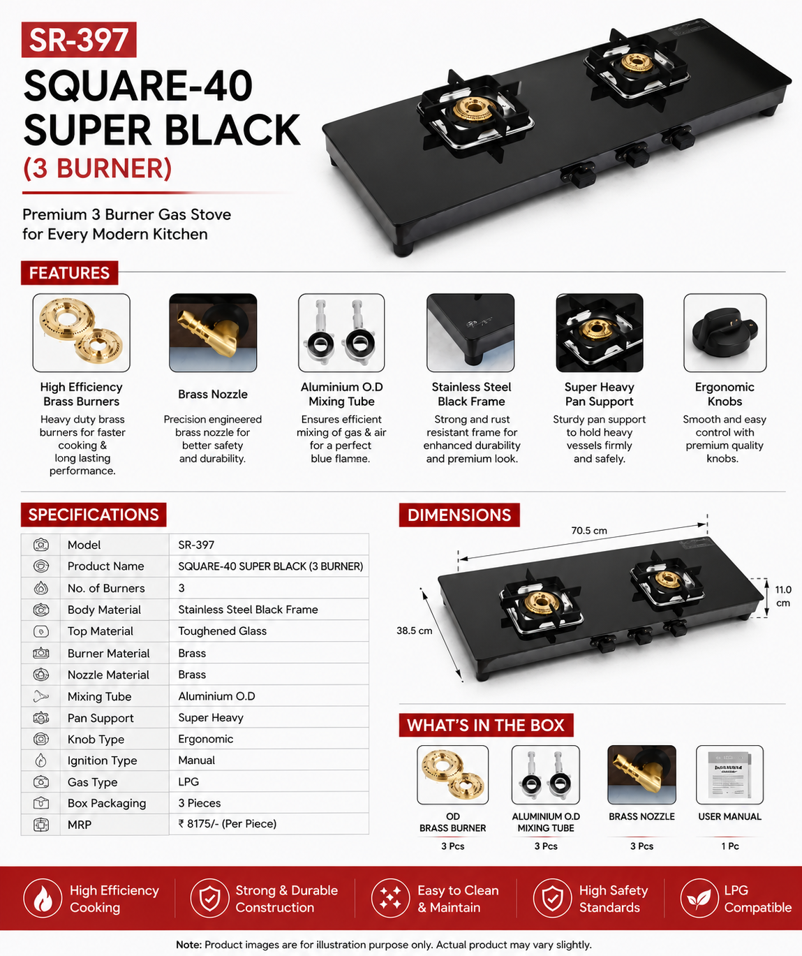 SR-397 Square-40 Super Black 3 Burner Gas Stove | Toughened Glass Top | Brass Burners | Stainless Steel Black Frame | Heavy Duty Pan Support | Manual Ignition LPG Gas Stove