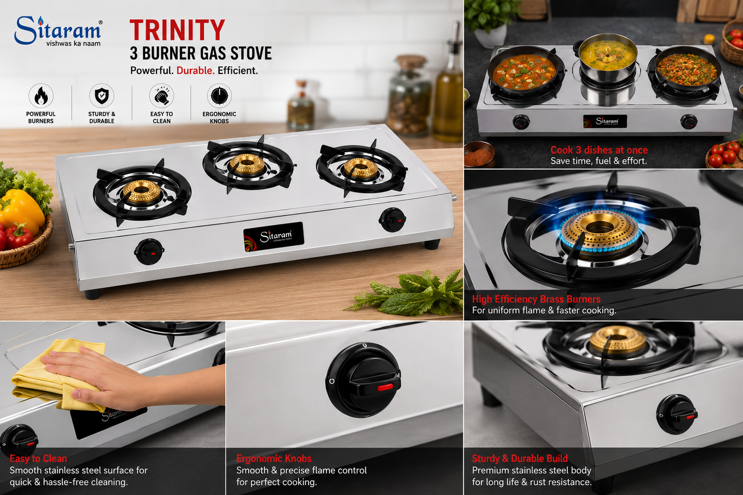 Sitaram Trinity 3 Burner Gas Stove | Stainless Steel Body | Brass Burners | Manual Ignition LPG Gas Stove | Heavy Duty Round Pan Support | Silver