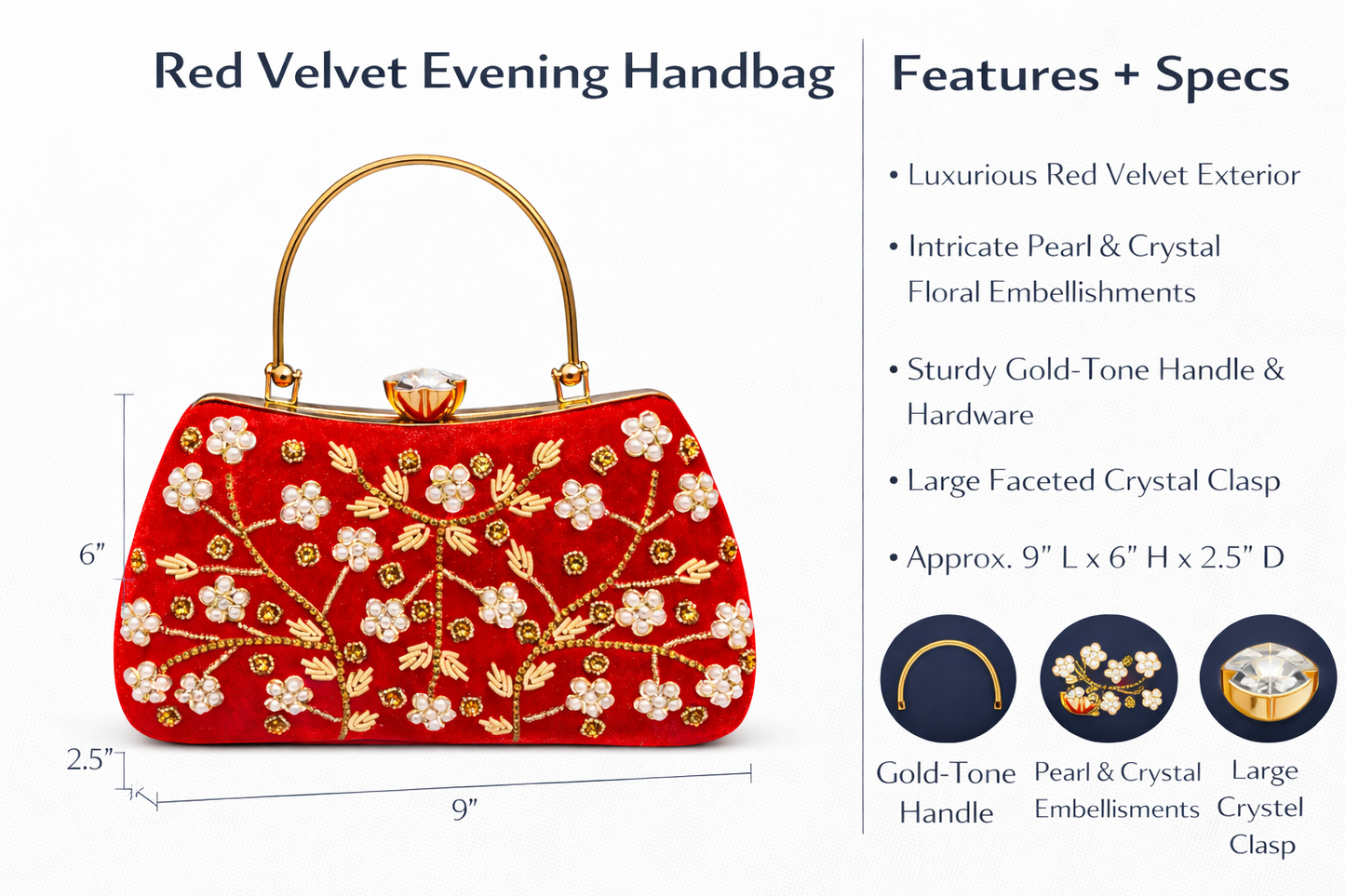 Red Velvet Evening Handbag for Women | Luxury Embroidered Clutch with Pearl & Crystal Design |
