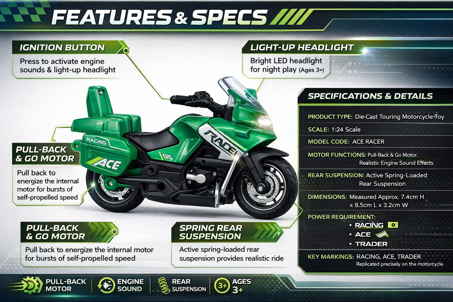 Green Die-Cast Touring Motorcycle Toy for Kids, Pull Back Bike with Light, Engine Sound and Rear Suspension, Racing Bike Toy for Ages 3+