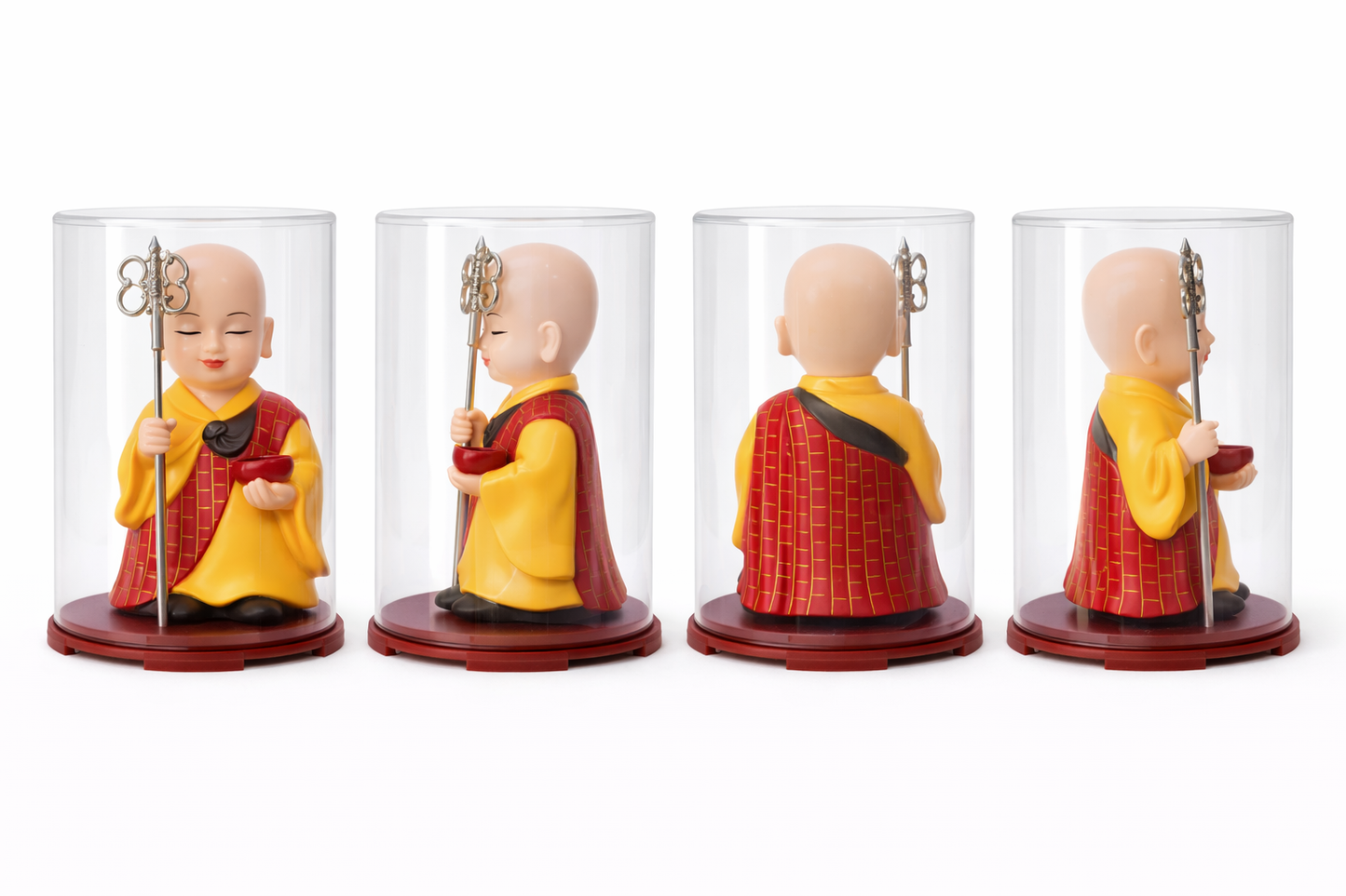 Buddhist Monk Figurine with Protective Dome | Feng Shui Monk Statue with Khakkhara Staff & Alms Bow