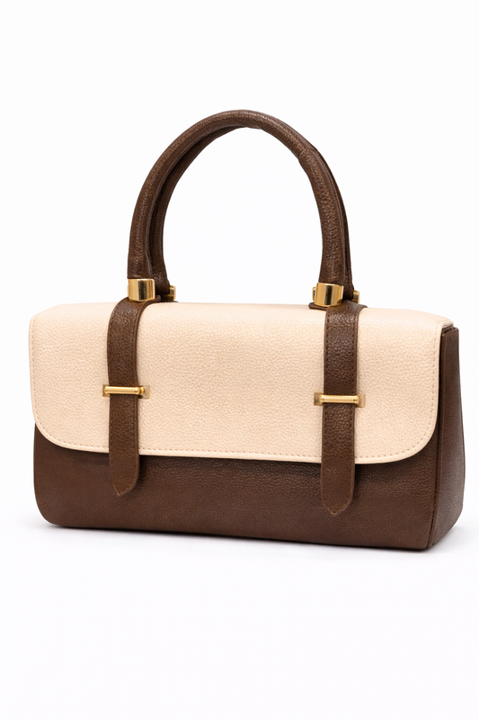 Two-Tone Faux Leather Handbag for Women | Stylish Structured Top Handle Purse with Gold Hardware