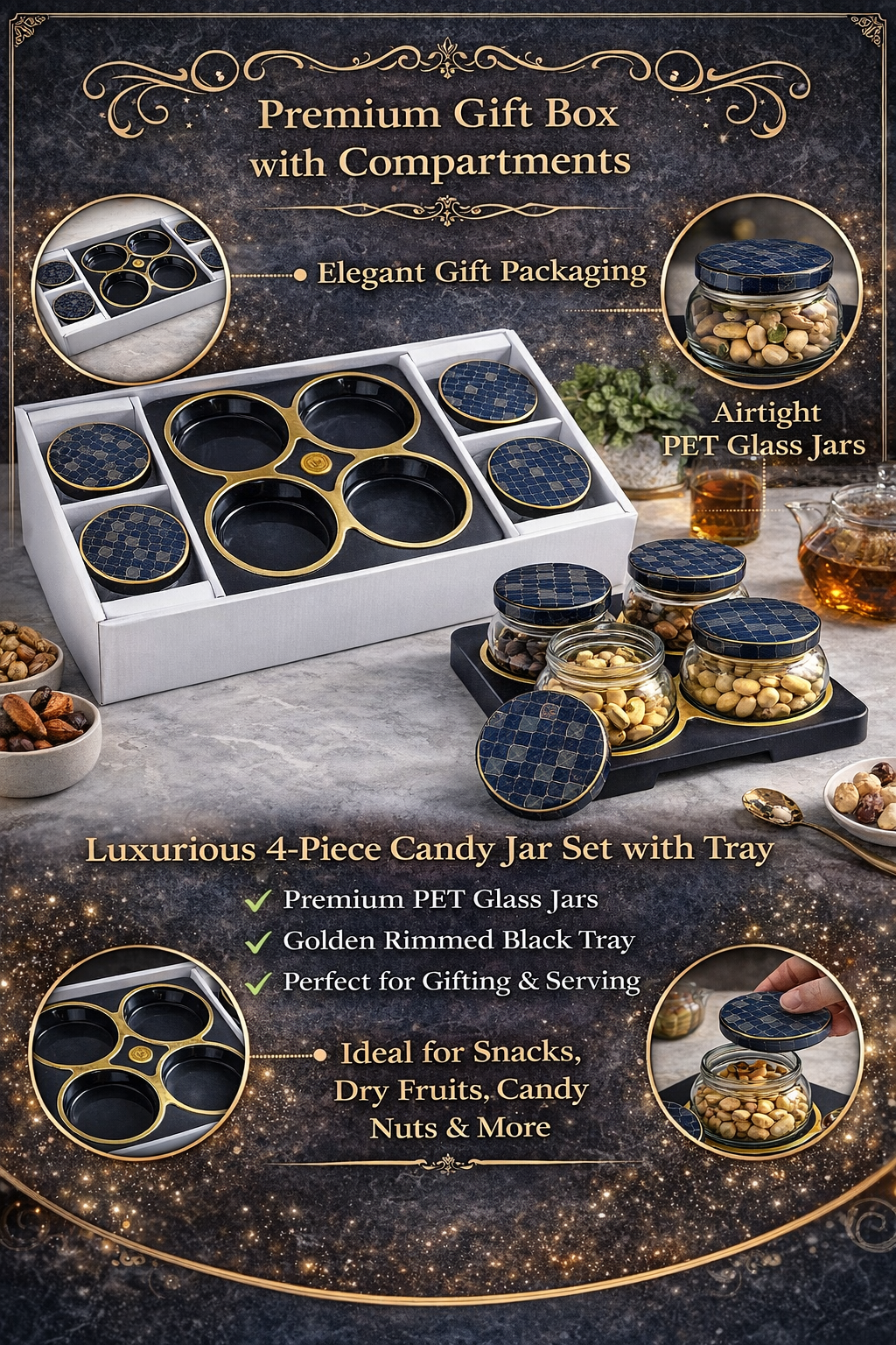 4-Piece Glass Candy Jar Set with Tray | Airtight PET Jars with Lids & Premium Serving Tray | Dry Fruit, Snacks & Storage Set