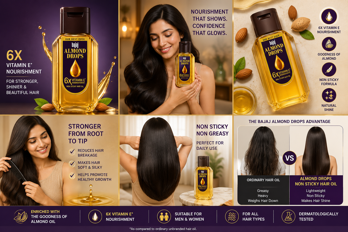Bajaj Almond Drops Non-Sticky Hair Oil with 6X Vitamin E Nourishment & Almond Oil | Lightweight Non-Greasy Hair Oil for Soft, Smooth & Shiny Hair | Men & Women | 285ml
