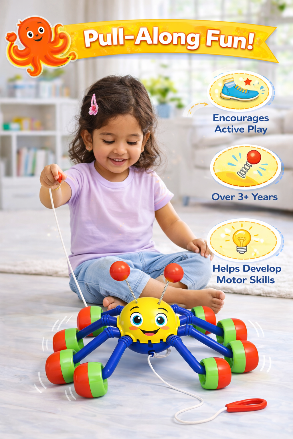 Pulling Octopus Toy for Kids (3+ Years) – Pull Along Wobbly Octopus with Bumpy Walk, Moving Legs, Bouncy Antennas, Motor Skill Development Toy