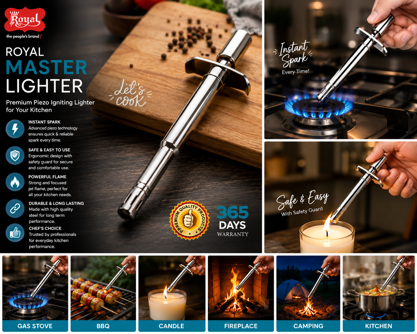 Royal Master Gas Lighter, Stainless Steel Piezo Kitchen Gas Lighter with Jet Flame, Refillable Manual Gas Stove Lighter with Safety Guard for Kitchen, BBQ, Candle & Camping, Silver