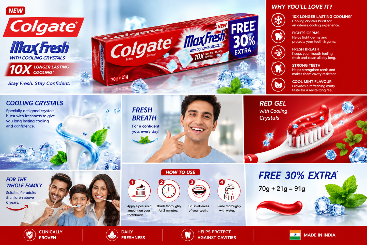 Colgate MaxFresh Red Gel Toothpaste 91g (70g + 21g Free) | With Cooling Crystals | Cool Mint Flavour | Fresh Breath & Cavity Protection | Gel Toothpaste for Adults & Kids Above 6 Years