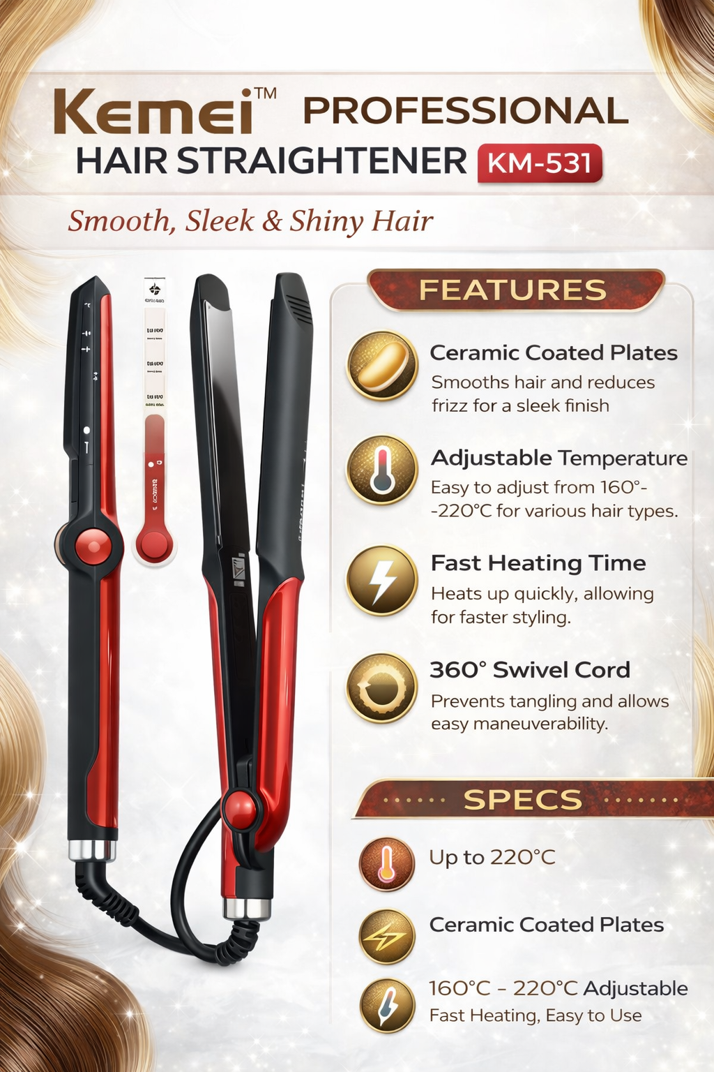 Kemei KM-531 Professional Hair Straightener | Ceramic Coated Plates | Adjustable Temperature 160°C–220°C | Fast Heating | 360° Swivel Cord | Hair Styling Tool for Smooth & Shiny Hair