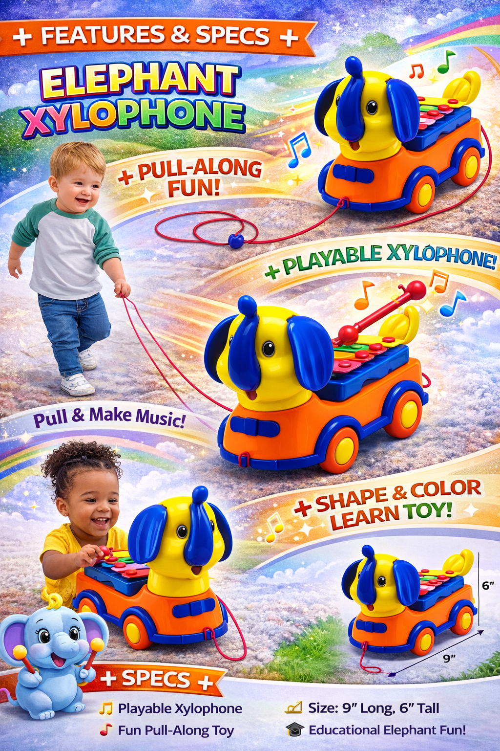 🟡 Product Title (SEO Optimized)  Elephant Xylophone Toy for Kids (1+ Years) – Pull Along Musical Toy with Playable Xylophone, Educational Learning Toy for Toddlers Boys & Girls