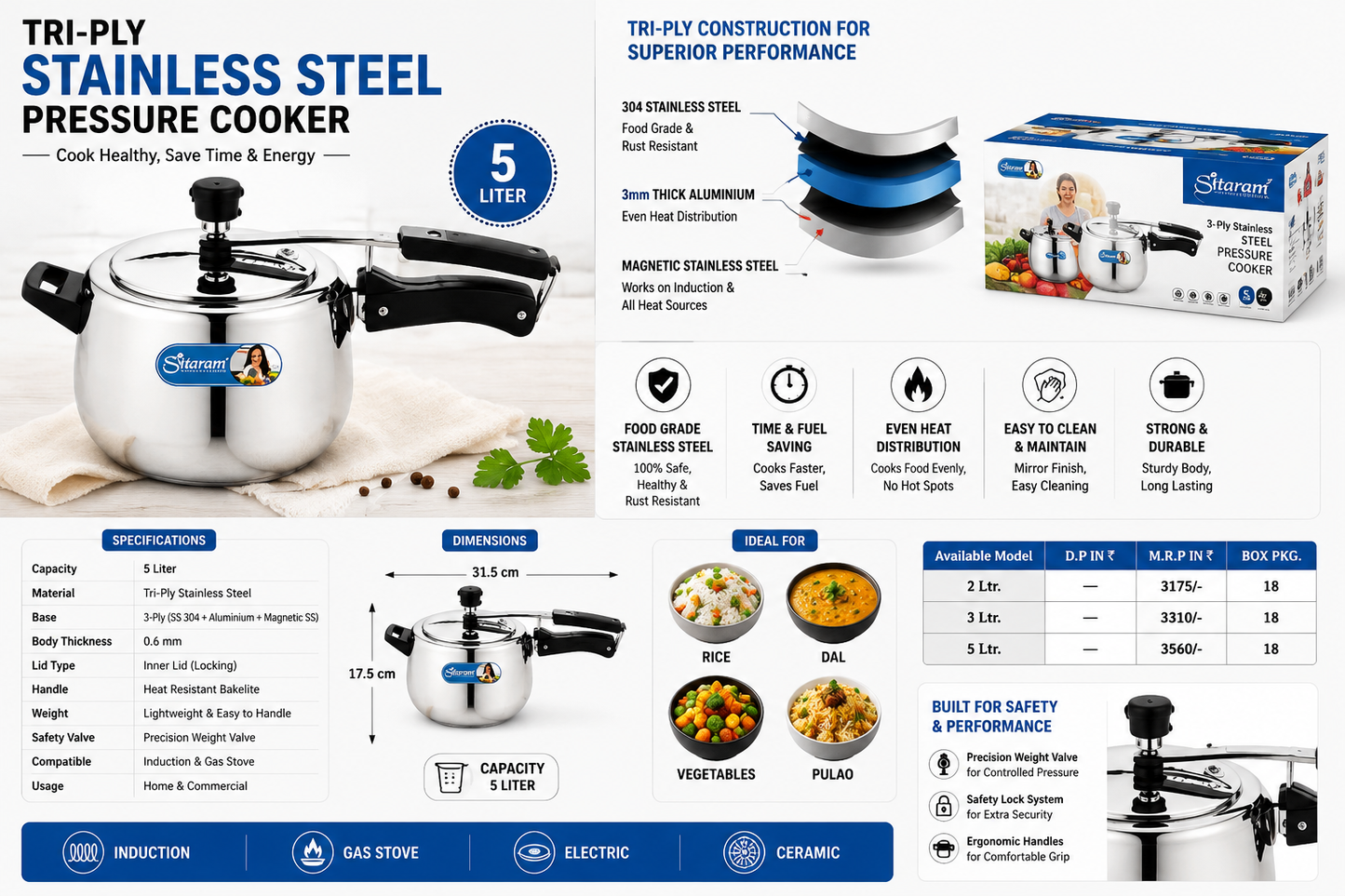 Sitaram Tri-Ply Stainless Steel Pressure Cooker 5 Litre | 304 Food Grade Stainless Steel | Induction & Gas Compatible | 3-Layer Base | Heavy Duty Cooker
