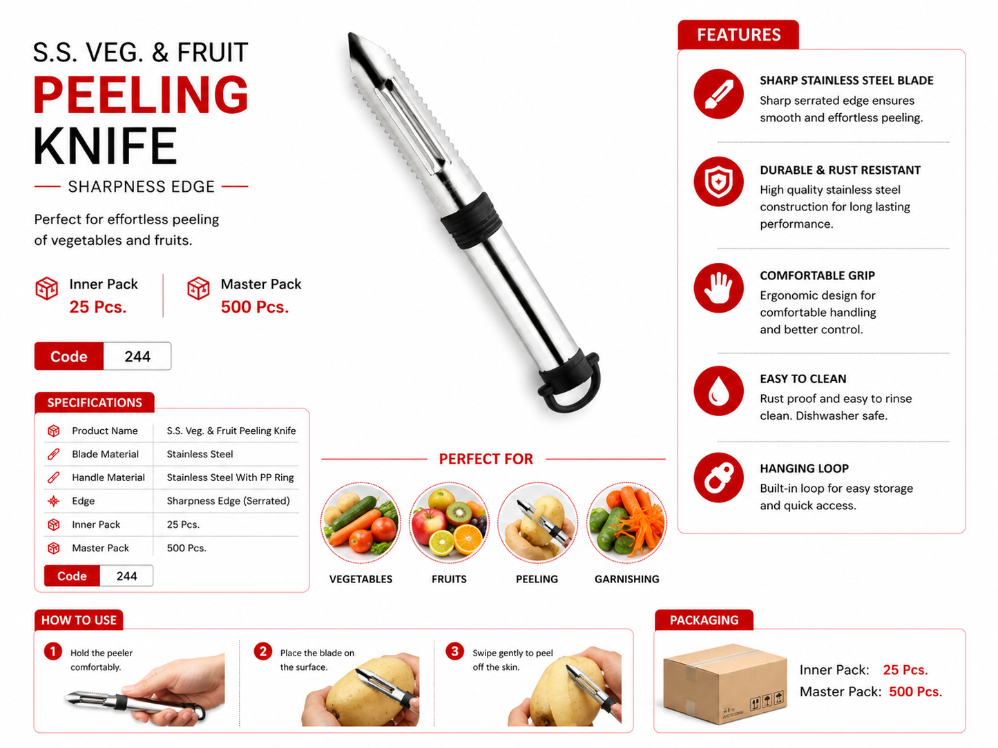 Royal Stainless Steel Vegetable & Fruit Peeling Knife, Serrated Sharp Edge Peeler, Rust Resistant Kitchen Peeler with Ergonomic Grip, Multipurpose Fruit and Vegetable Peeler for Potato, Carrot, Apple & Cucumber