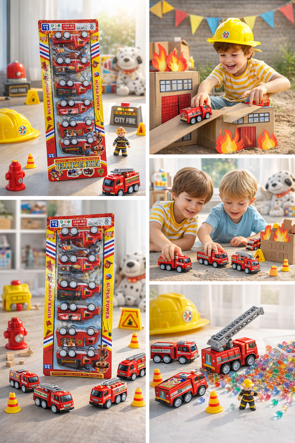 Fire Truck Toy Set for Kids (Pack of 6), Mini Fire Fighter Vehicles, Pull Back Rescue Trucks, Plastic Toy Cars Set for Boys & Girls (Ages 3+)