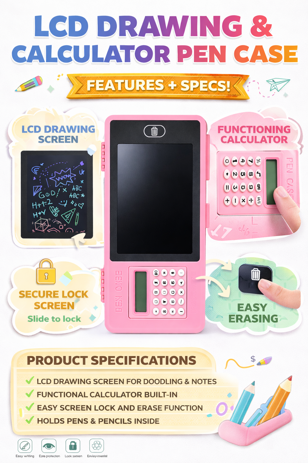 LCD Writing Tablet Pen Case with Calculator for Kids – 2-in-1 Drawing Pad + Storage Box – Erasable Doodle Board with Screen Lock & Stylus – School Stationery Organizer Gift for Boys & Girls